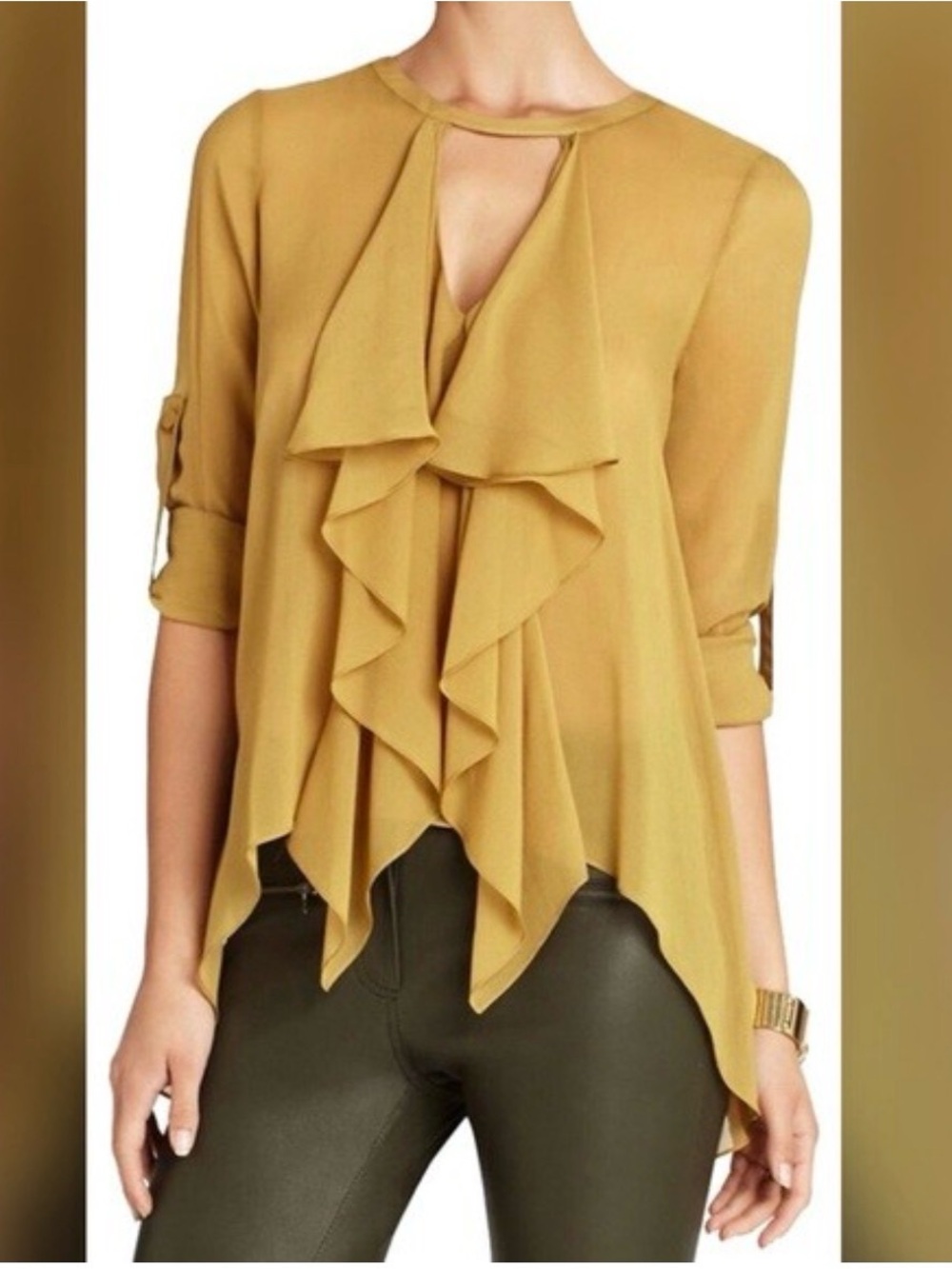 BCBGMaxAzria Silk Gold Ruffle Blouse